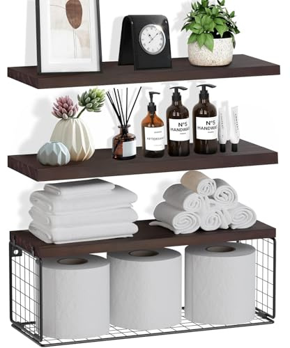 ZVZM Floating Shelves - Wall Shelves with Wire Basket, Over Toilet, Kitchen & Living Room/Office/Plants Decor