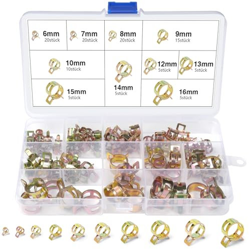 REJOECE 110 Pièces Clip à Ressort Tuyau Serrage, 6/7/8/9/10/12/13/14/15/16mm Colliers De Serrage à Ressort, Collier Durite Essence pour Tuyau D'essence Tuyau D'air Tuyau D'eau