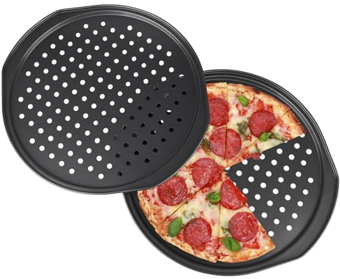 Vebulon 2er Set Pizzablech Rund 14 Inch - Edelstahl Backblech Gelocht Antihaft für Knusprige Pizza, Flammkuchen, Brot und Kuchen