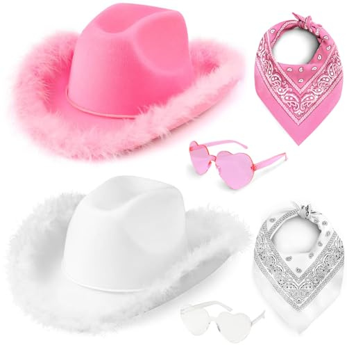 Pipihome Cowboy Hat Women, Cowgirl Hat, 6 Piece Set Western Hat with Bandana and Heart Sunglasses, Cow Girl Outfit Women for Wedding Bachelorette Birthday Party Costume Accessory