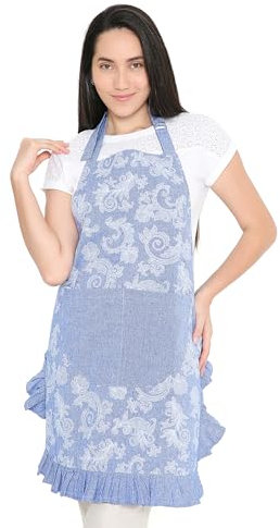 Encasa XO Tablier pour Femmes | Tissu Chambray en Coton avec Volant Floral | Tablier de Cuisine et de Chef avec 2 Grandes Poches | Protection Élégante - 70x85 cm - Bleu