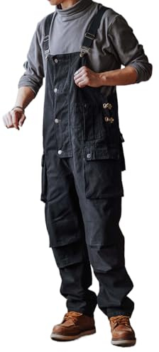 Dcincell Men's Bib Overalls Loose Fit Canvas Coveralls Workwear Dungarees Jumpsuit with Flap Cargo Pockets, Black, 32