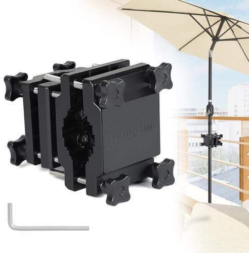 efuturetime Support Parasol Balcon, Pied de Parasol à Visser pour Parasol Ø22-38 mm, Pince Parasol pour Balustrade Carrée 25-60 mm ou Ronde Ø25-40 mm, Noir