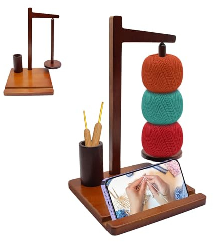 PinDaito Supporto in Legno per Fili, Porta-Gomitolo con Supporto per Telefono, Supporto Magnetico Multifunzionale per Lana, Raccoglitore per Fili da Uncinetto e Lavoro a Maglia