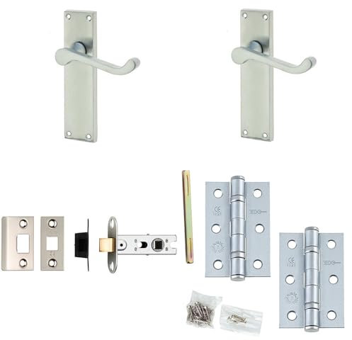 Door Handle & Latch Set Satin Chrome Sculpted Rounded Lever Latch Long Backplate