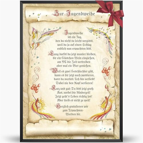 Die Staffelei Glückwunschkarte Jugendweihe Urkunde A4 / Witziges Gedicht auf hochwertigem Papier/besondere Geschenkidee