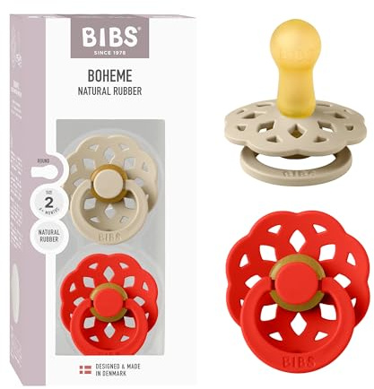 BIBS Boheme Soother 2-Pack. BPA Free Dummy Pacifier, Round Nipple. Natural Rubber Latex, Made in Denmark, Size 2 (6-18 Months) - Vanilla/Candy Apple