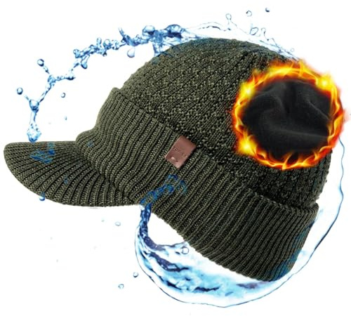 TOP-EX DryKnit™ Merino Wool Waterproof Peaked Beanie Hat Men Women, Fleece Lined Thermal Wooly Winter Caps Cold Weather Large Head Walking Green L/XL