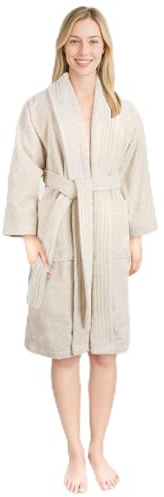 Hammetex Dambadrock 100 % bomull – 380 g/m² mjuk frottébadrock med fickor för hem och bastu – absorberande och hudvänlig, Beige, S