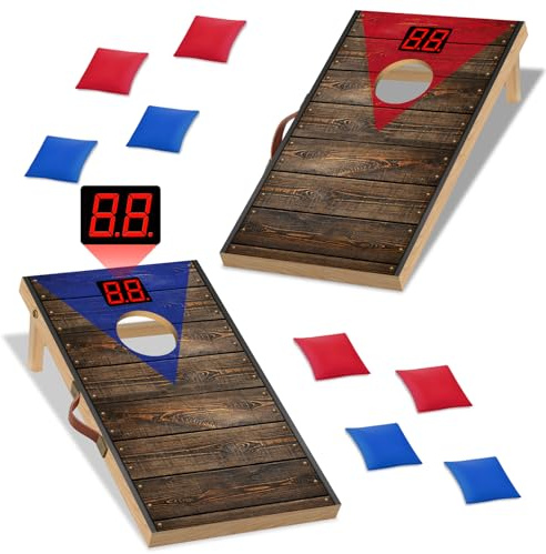 NZQXJXZ Set di Gioco Cornhole Aggiornato con Contatore Automatico del Punteggio, 60 x 35 cm Tavole Cornhole Premium in Legno Massello con 8 Sacchetti di Fagioli e Borsa per il Trasporto