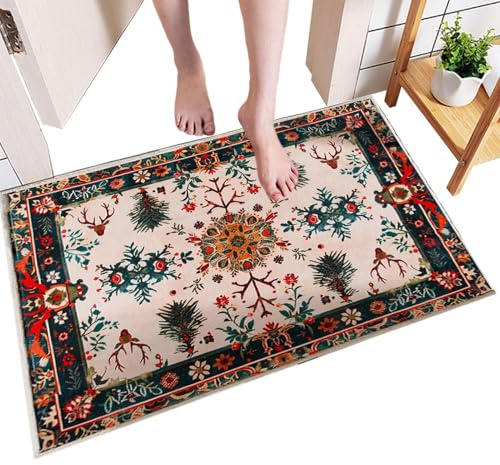 Weihnachtsteppich für Wohnzimmer – Weihnachtsteppich für Zuhause, rutschfest, weicher Flanell mit Rentier und Schneeflocke, Heimtextil mit, Schneeflocke,