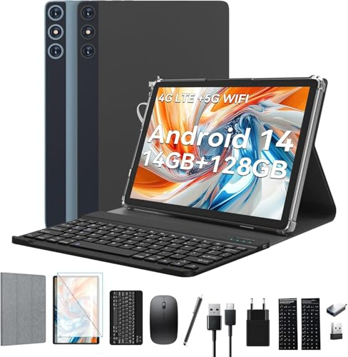 2026 Neueste Android 14 Tablet 10 Zoll, 4G LTE Tablets Mit 2 SIM 1 SD slot, 5G Wifi Tablets PC Mit 14GB+128GB(1TBTF), 3-in-1 Tablet Mit Tastatur Maus-Octa-core, 1080FHD, 13MP+8MP, 7000mAh,GPS/OTG-Grau