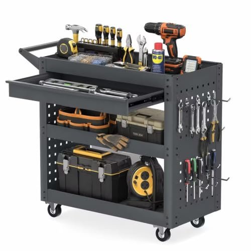 TANGZON 3-Tier Rolling Tool Cart, Utility Service Cart with Large Drawer, 2 Pegboards, 8 Hooks, Handle & Lockable Wheels, Heavy-duty Metal Mobile Storage Trolley for Garage Warehouse (Grey)