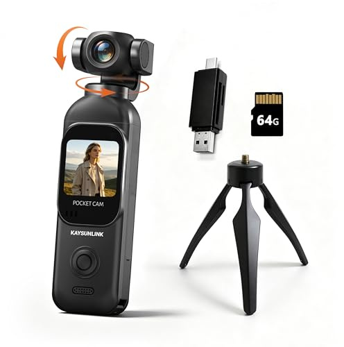 Kaysunlink Videocamera per Vlogging 1080P con obiettivo girevole a 270°, fotocamera tascabile POV palmare con touch screen e WiFi, 5 ore di alimentazione, videocamera di registrazione con un solo