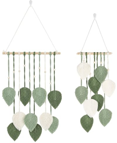 xinyids 2 stycken vägghänge i makramé, väggdekoration, vardagsrum, boho, dekoration, handgjord väggbonad, boho med träpärlor och gröna blad, makraméset för vardagsrum, sovrum, bröllop, dekor