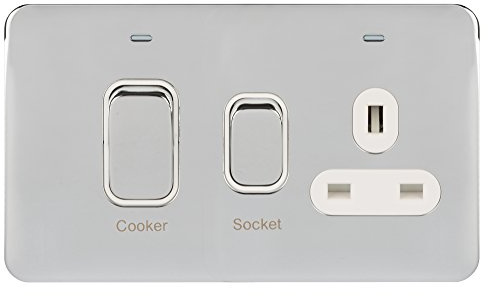 Schneider Electric Lisse Screwless Deco - Single Cooker Control Unit with Socket, Double Pole with Neon Indicator, 45A, GGBL4001WPC, Polished Chrome with White Insert