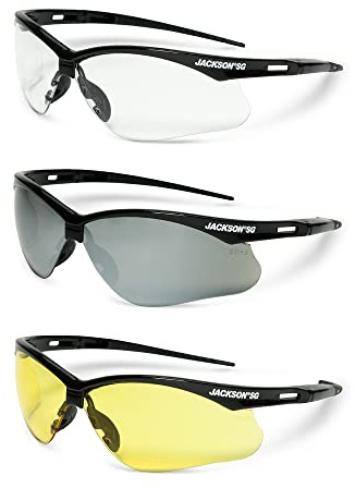 Jackson Safety SG Safety Glasses - Eye Protection for Men & Women - Anti-Scratch Lens with Black Frame - ANSI Z87.1 - Pack of 3 (Multiple Styles)