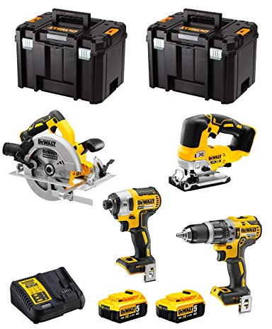 DeWALT Kit DWK403 (Trapano a Percussione DCD796 + Avvitatore ad Impulsi DCF887 + Seghetto Alternativo DCS334 + Sega Circolare DCS570 + 2 Batterie 5,0 Ah + Caricabatterie + 2 x TSTAK VI)