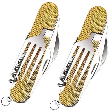 2 Stücke Outdoor Besteck Kit Klappbares Edelstahl Besteck Campingbesteck 6 in1 Camping Tool mit Besfestigung für Outdoor Festival Camping Zelte Picknick