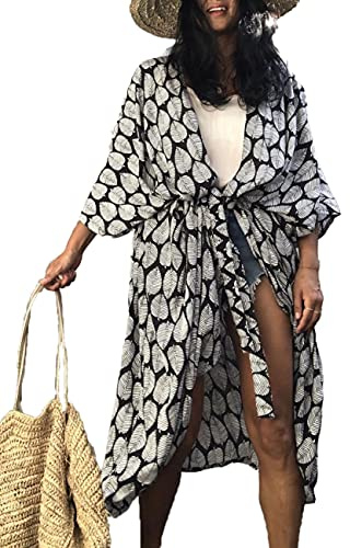 Bsubseach Lång kimono för kvinnor, snyggt täckande strandplagg, batikfärgad kimono med öppen framsida, H-svart, en storlek