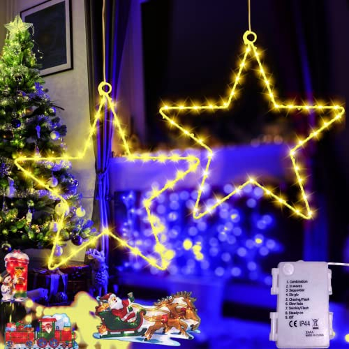 Luci Led Natale Stelle,2 Piece Luci Natalizie con 40 Led Bianco Caldo 8 Modalità Batteria Alimentata Led Luci Illuminazione Decorativa per Esterno/Interno,Decorare Natale,Matrimonio,Festa,Compleanno
