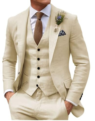 HUUTOE Costume 3 pièces en lin pour homme - Pour la plage, les mariages, les garçons d'honneur - Costume d'été décontracté - Blazer en lin - Gilet et pantalon de smoking, beige, Taille M