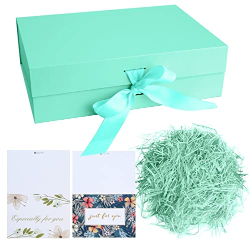 Christmas Green Gift Box with Ribbon, Luxury Magnetic Present Box 26x19x8 cm with Lid, Large Rectangle Gift Box, Premium Decorative Box for Gifts, Birthdays, Shredded Paper, Cards