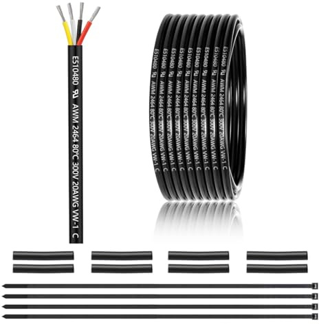 20 Gauge 4 Conductor Electrical Wire 25FT, UL 2464 20 AWG 4 Wire Cable Tinned Copper PVC Stranded 20/4 Core Wire for LED Lighting, Outdoor Low Voltage Extension Cable, Automotive etc.