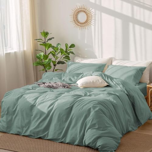 DXHOME Ropa de cama de algodón de 220 x 240 cm, color verde salvia, suave, moderna, sencilla, suave, 3 piezas, con cremallera y 2 fundas de almohada de 80 x 80 cm