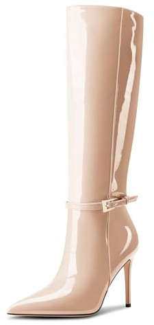 Aachcol Donna Altezza Ginocchio Stivali a Punta Spillo Alto High Tacco Heel Alto Fibbia Sexy Stivali lunghi Inverno Beige 45 EU