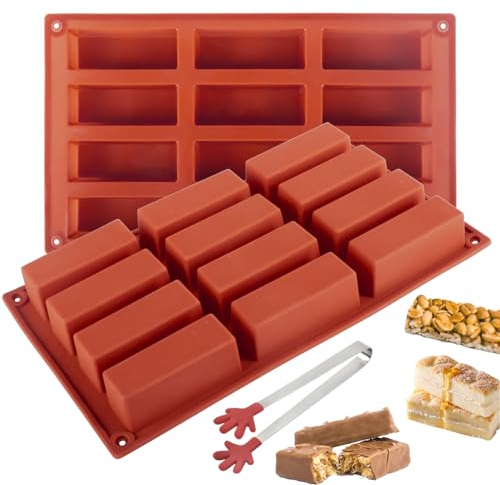 Rdlobu 2 Stück Groß Müsliriegel Backform 12 Mulden Müsliriegel Form Silikon mit Zuckerzange, Müsliriegelform Antihaft, Silikon Backform Riegel für Müsliriegel, Schokoriegeln, Energieriegel, Braun
