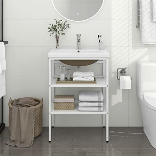 Brokky Bathroom Washbasin Frame with Built-in Basin White Iron-Floor Standing Vanity Cabinet,Bathroom Vanity Storage