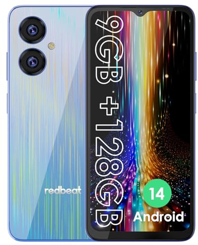 redbeat Teléfono Inteligente Android Desbloqueado, Pantalla HD de 6,52 Pulgadas | 6 GB de RAM, 128 GB ampliables | Cámara de 13 MP + 5 MP | Batería de 5000 mAh | Doble SIM 4G | Androide 14 | Azul