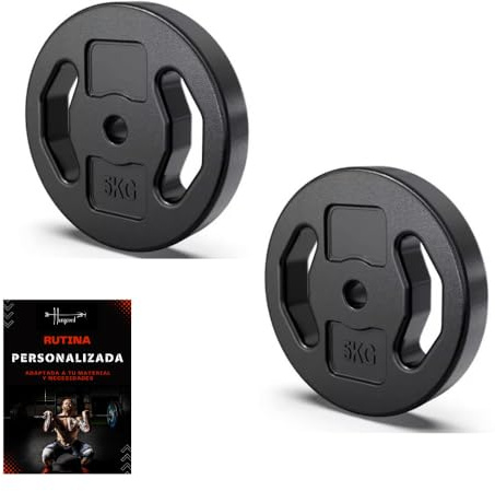 Discos pesas, pesas, 30mm, 2,5kg - 5kg - 10kg, ejercicios gimnasio en casa, barra gimnasio, mancuerna, rutina entrenamiento, guia entrenamiento personalizada (2 X 5 KG)