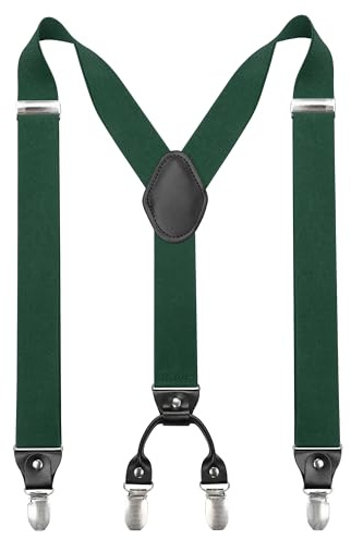 JEMYGINS Bretelle da uomo larghe 3,5 cm con 4 clip a forma di Y, elastiche e lunghezza regolabile, verde scuro, M