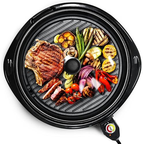 Elite Gourmet EMG-980BX Large Indoor Electric Round Nonstick Grill Cool Touch Fast Heat Up Ideal Low-Fat Meals Dishwasher Safe Includes Glass Lid, 14, Black
