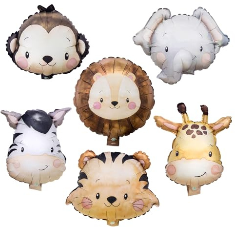 6 Pcs Animal Balloons,Jungle Safari Foil Balloons for Zoo Wildlife Theme Birthday Party Decorations (Small Animal)