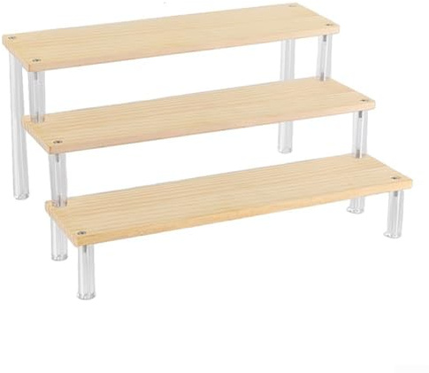 TDCuizent Estante de exhibición de escalera de madera + acrílico de 1 a 5 niveles, soporte organizador multicapa para figuras, cosméticos, postres, coleccionables, almacenamiento de encimera, fácil