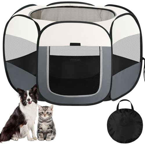 Pet Playpen for Dogs Cats, Puppy Pet Playpen Indoor & Outdoor, Foldable Pop Up Cat Kennel Dogs Tent, Pet Play Pen with Zipper Top Cover for Puppies, Kittens, Rabbits (Beige, M(85 * 85 * 58), 6)