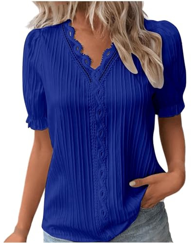 Uwdiohq Blusas De Noche para Mujer, Elegante, Manga Corta, Talla Grande, Camisa Abombada, Tipo Túnica con Cuello En V Hueco Tops Deportivos Mujer Camiseta Blanca Fiesta Tallas Grandes Ropa