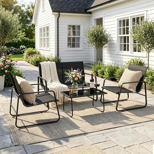 Gotland 4-Piece Garden Patio Furniture Set, 2026 Upgrade Outdoor Table and Chairs with Loveseat, Breathable Fabric & Steel Frame for Backyard,Balcony,Terrace, All-Weather