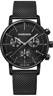 Wenger Relojes Hombre Urban Metropolitan Cronografo Ø 44mm, Suizos, Cuarzo, Impermeable 100m, Mesh Pulsera, Cristal de Zafiro, Negro, 01.1743.116