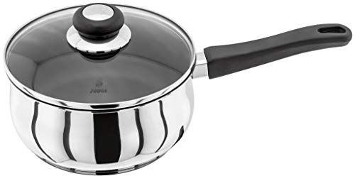 Judge Vista J207A Stainless Steel Non-Stick Large Saucepan 20cm 2.1L, Shatterproof Vented Glass Lid, Induction Ready, Oven Safe, 25 Year, Silver/Black
