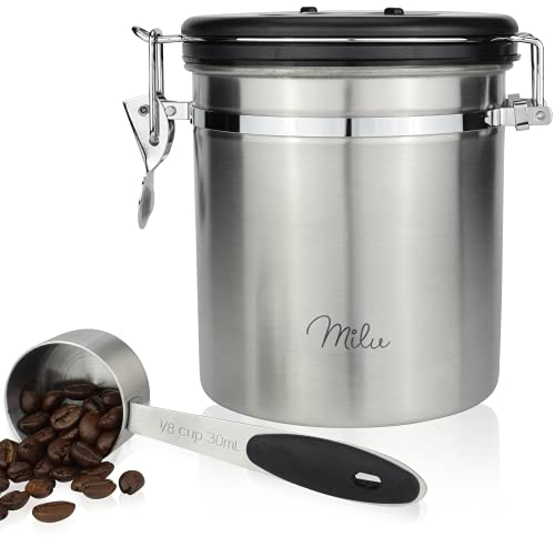 Milu Kaffeedose luftdicht | 500g, 700g | Kaffeebohnen Behälter Edelstahl Vorratsdosen Vakuum Kaffeebox mit Kaffeelöffel (Edelstahl, 500g)