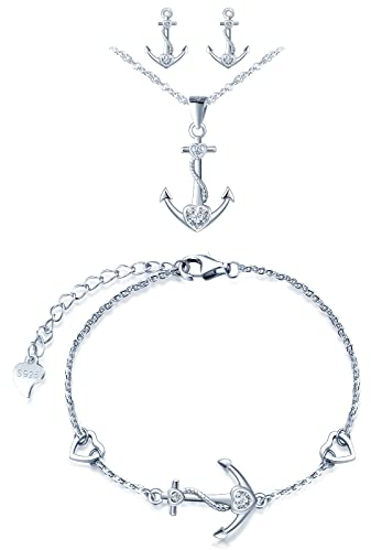 MicVivien Damer smyckeset 925 sterlingsilver ankare hänge med AAA hjärtform zirkon, ankare zirkonia örhängen/armband/halsband set för kvinnor flickor mamma flickvän, Sterlingsilver Zirconium