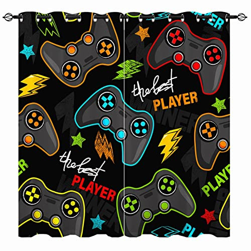 YUANZU Gamepad Blackout Curtains - Abstract Kids Gamer Video Game Joystick Colorful Print Pattern Grommet Room Darkening Window Drapes for Boys Youth Teen Nursery Bedroom Playroom 2 Panels W29.5 x L65
