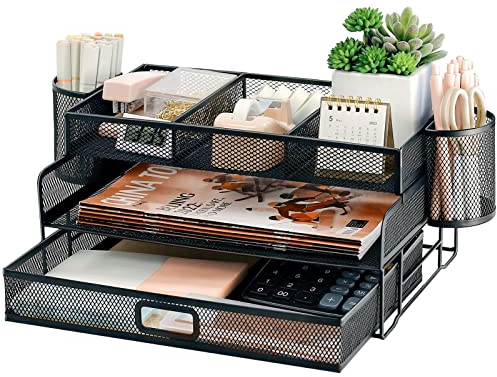 PLSOPPKG 2-stöckiger A4-Dokumenten-Organizer mit Schreibwaren-Halter, drahtgebundener Netz-Papiersortierer mit Schublade, multifunktionaler Schreibtisch-Organiser für Büro, Zuhause und Schule