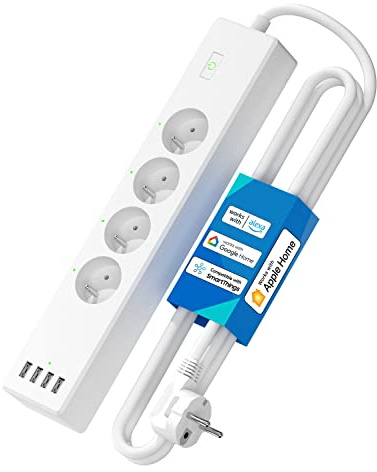 Ansluten grenuttag (typ E), 16A WiFi-uttag kompatibel med Apple HomeKit, Alexa och Google Home (4 AC-uttag och 4 USB-portar), smart grenuttag med röststyrning och fjärrkontroll