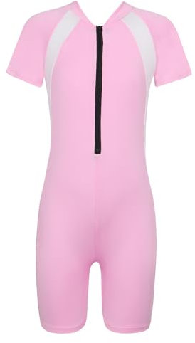 Miutii Kinder Mädchen Badeanzug UV Schutz Einteiler Bademode Kurzarm Schwimmanzug Shorty Neoprenanzug Wassersport Surfen Tauchanzug Rosa 134-140