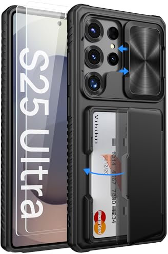 Vihibii for Samsung Galaxy S25 Ultra Case with Card Holder (4 Cards), Built-in 2X Tempered Glass Screen Protector & Slide Camera Cover & Kickstand, Rugged & Shockproof Phone Case for S25 Ultra, Black